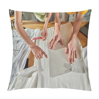 Personality  Top View Of Young African American Designer Pointing With Finger And Holding Printing Layer And Working With Colleague Near Clothes And Laptop In Print Studio, Thriving Small Enterprise Concept Pillow Covers