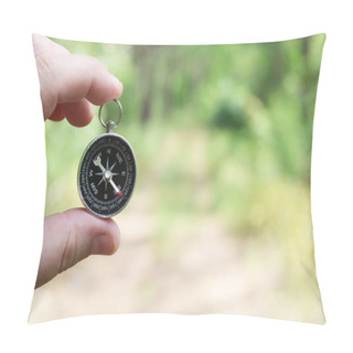 Personality  Old Classic Navigation Compass In Hand On Natural Background As Symbol Of Tourism With Compass, Travel With Compass And Outdoor Activities With Compass Pillow Covers