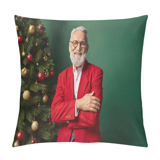Personality  Cheerful Santa In Classy Red Suit With Glasses Posing Next To Christmas Tree, Winter Concept Pillow Covers