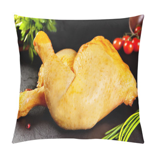 Personality  Raw And Fresh Meat. Chicken Thighs Uncooked Yellow Corn Fed Black Stone Background Pillow Covers