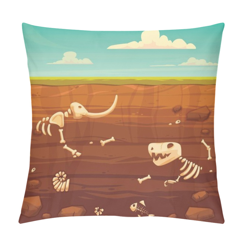 Personality  Ground layers with bones. Buried fossil animals, dinosaur, mammot, fish skeleton bone and shellfish.Vector flat style cartoon illustration. pillow covers