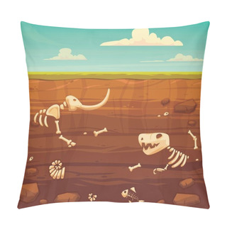 Personality  Ground Layers With Bones. Buried Fossil Animals, Dinosaur, Mammot, Fish Skeleton Bone And Shellfish.Vector Flat Style Cartoon Illustration. Pillow Covers