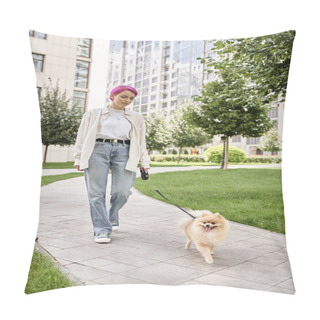 Personality  Full Length Of Purple-haired Stylish Woman Walking With Pomeranian Spitz On Automated Leash Pillow Covers