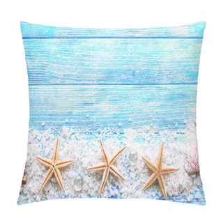 Personality  Sea Stars On Sea Salt On Wooden Background Pillow Covers