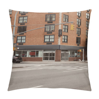 Personality  Storefront In Brick Building Near Crossroad In Downtown Of New York City, Urban Streetscape Pillow Covers