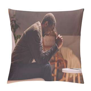 Personality  Depressed African American Man Sitting On Sofa At Night And Holding Photo Frame Near Head Pillow Covers