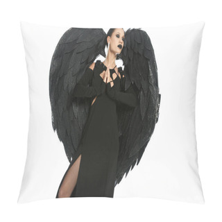 Personality  Woman As Dark Demon With Black Wings Praying With Closed Eyes On White, Halloween Concept Pillow Covers
