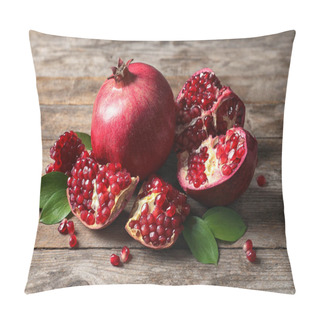 Personality  Ripe Pomegranates And Leaves On Wooden Background Pillow Covers