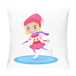Personality  Girl Skating On The Rink. Winter Vector Cartoon Character. Pillow Covers