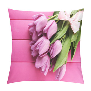 Personality  Beautiful Bouquet Of Purple Tulips On Pink Wooden Background Pillow Covers
