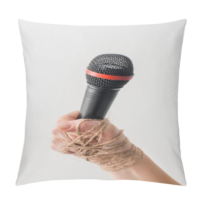 Personality  Cropped View Of Young Woman With Tied Hand Holding Microphone Isolated On White, Freedom Of Speech Concept  Pillow Covers