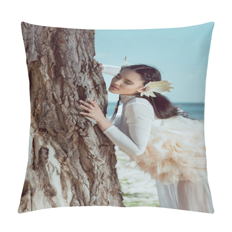 Personality  Elegant Woman In White Swan Costume Standing Near Three Trunk Pillow Covers