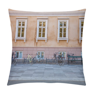 Personality  Empty Bench And Bicycles Parked Near Old House On Street In Copenhagen, Denmark Pillow Covers