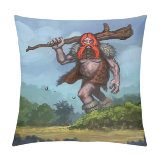 Personality  Giant With Red Hair And Massive Tree Club Walking Through A Forest - Digital Fantasy Illustration Pillow Covers
