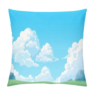 Personality  Cartoon Landscape With White Clouds On Sky. Background With Cloud And Beautiful Field, Summer Green Country Hill, Meadow Scene, Spring Nature Land. Vector Illustration. Outdoor Lawn, Sunny Day Pillow Covers