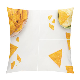 Personality  Collage Of Corn Nachos With Cheese Sauce On White Background Pillow Covers