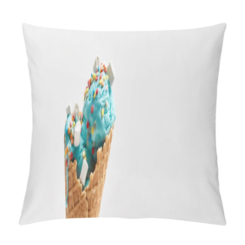 Personality  delicious sweet blue ice cream with marshmallows and sprinkles in crispy waffle cone isolated on grey, panoramic shot pillow covers