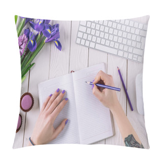 Personality  Cropped Shot Of Woman Writing In Notebook At Workdesk Pillow Covers