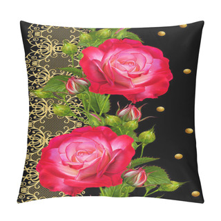 Personality  Vertical Floral Border. Seamless Pattern. Golden Openwork Curls, Shiny Lace. Garland Of Beautiful Bright Red Roses, Buds, Green Leaves. Pillow Covers