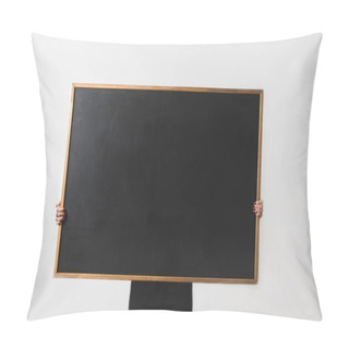 Personality  Woman Holding Big Empty Black Board Isolated On White Pillow Covers