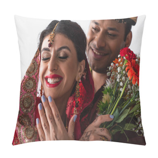 Personality  Blurred Indian Man In Turban Looking At Smiling Bride With Mehndi Holding Flowers On White Pillow Covers