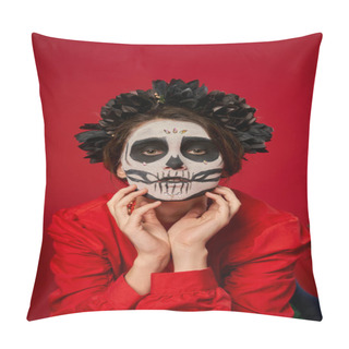 Personality  Spooky Woman In Skull Makeup And Black Wreath Holding Hands Near Face On Red, Dia De Los Muertos Pillow Covers