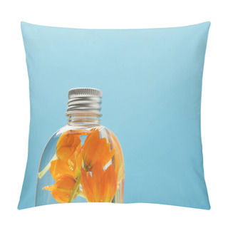 Personality  Close Up Of Organic Beauty Product With Orange Flowers In Bottle Isolated On Blue With Copy Space Pillow Covers