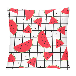 Personality  Seamless Watermelon Slice Tile Pattern. Flat Sweet Fresh Fruit On Checkered Black Striped Background. Colorful Bright Summer Food. Red Cut Melon With Seeds. Vector Illustration For Prints, Wallpapers Pillow Covers