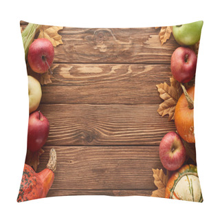 Personality  Top View Of Pumpkins, Sweet Corn And Apples On Wooden Surface With Dried Autumn Leaves Pillow Covers