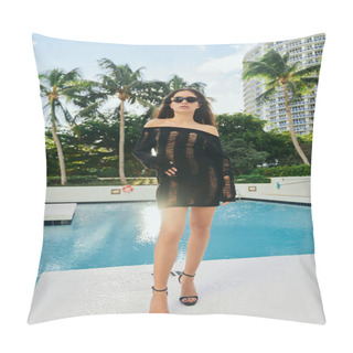 Personality  Sexy Brunette Woman In Black Knitted Dress And Sunglasses Posing Against Palm Trees And Modern Hotel Building In Miami, Vacation, Outdoor Swimming Pool With Shimmering Water In Luxury Resort Pillow Covers