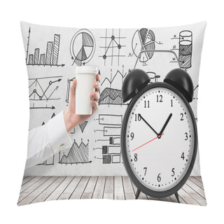 Personality  Hand Holding A Paper Cup, The Word 'pause' Written Over It. Black Alarm Clock To The Right. White Background. Concept Of Coffee Break. Pillow Covers