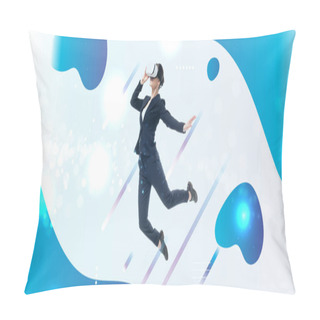 Personality  Young Businesswoman In Virtual Reality Headset Levitating On Grey Background With Blue And White Abstract Cyberspace Illustration Pillow Covers