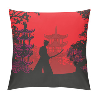 Personality  Japanese Samurai Fighter, Abstract Landscape In Sunset Pillow Covers