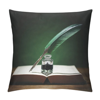Personality  Quill Pen And Inkwell Resting On An Old Book With Green Background Concept For Literature, Writing, Author And History Pillow Covers