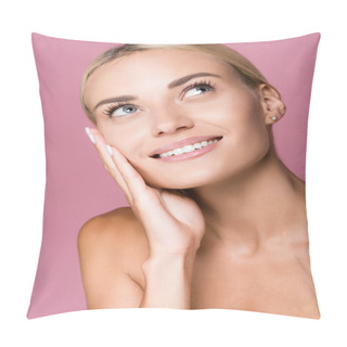 Personality  Smiling Beautiful Blonde Woman Touching Face Isolated On Pink Pillow Covers