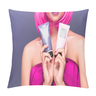 Personality  Cropped Shot Of Young Woman With Pink Bob Cut Holding Tubes Of Coloring Hair Tonics Isolated On Violet Pillow Covers