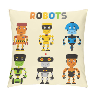 Personality  Set Of Colorful Robots In Cartoon Style On Yellow Background  Pillow Covers