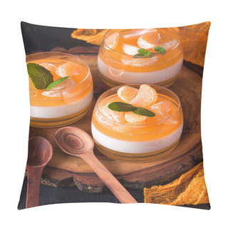 Personality  Creamy Panna Cotta With Orange Jelly In Beautiful Glasses, Fresh Ripe Mandarin On Wooden Section On Black Background. Delicious Italian Dessert. Modern Dark Mood Style. Pillow Covers