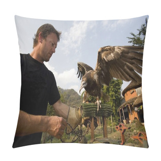 Personality  Man With Egyptian Vulture(Neophron Percnopterus), Pokhara, Nepal Pillow Covers