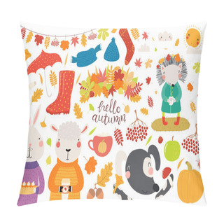 Personality  Big Autumn Set With Cute Animals And Leaves With Food Isolated On White Background, Hand Drawn Vector Illustration In Scandinavian Style Flat Design, Concept For Kids Print Pillow Covers
