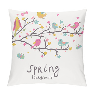 Personality  Spring Background. Stylish Illustration In Vector. Cute Birds On Branches. Light Romantic Card. Can Be Used For Wedding Invitation. Pillow Covers
