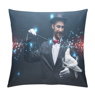 Personality  Happy Magician In Hat Making Abracadabra With Dove And Wand In Dark Room With Smoke And Glowing Illustration Pillow Covers