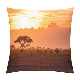 Personality  A Herd Of African Elephants, Loxodonnta Africana, Walk Across The Open Plains Of Amboseli National Park At Sunset. Kenya. Pillow Covers