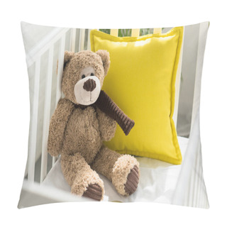 Personality  Close Up View Of Teddy Bear And Yellow Pillow In Baby Crib At Home Pillow Covers