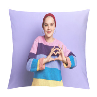Personality  Nice Young Cheerful Woman Makes Heart Shape By Her Fingers Pillow Covers
