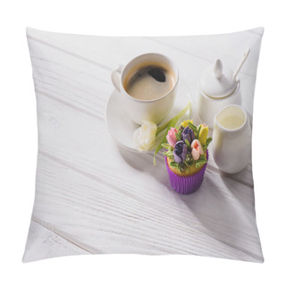 Personality  Close Up View Of Cup Of Coffee, Tulip Flower, Sweet Muffin And Jag Of Cream On White Wooden Tabletop Pillow Covers
