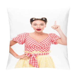 Personality  Attractive Pin Up Girl Showing Idea Gesture Isolated On White Pillow Covers
