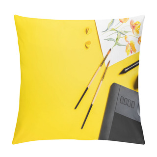 Personality  Top View Of Paintbrushes Near Painting, Paper Cut Elements, Drawing Tablet And Stylus On Yellow  Pillow Covers