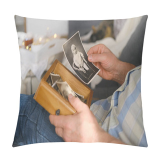 Personality  An Elderly Man Looks Through His Old Photographs Of 1960-1965, The Concept Of Nostalgia And Memories Of Youth, Childhood, Remembering His Life, Relatives, Family Connection Of Generations Pillow Covers