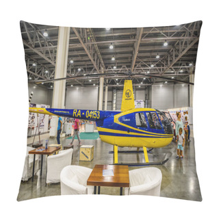 Personality  MOSCOW - AUG 2016: Robinson R44 Helicopter Presented At MIAS Moscow International Automobile Salon On August 20, 2016 In Moscow, Russia Pillow Covers
